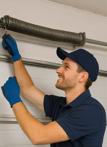 Garage door technician replacing a broken torsion spring with a wrench