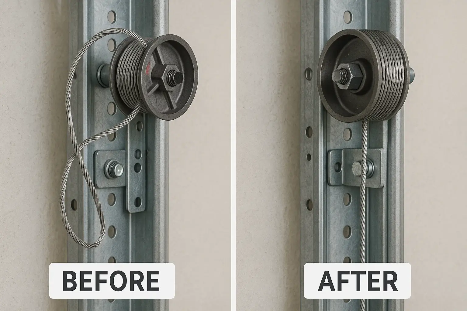 Comparison of worn, frayed garage door cable versus newly installed replacement