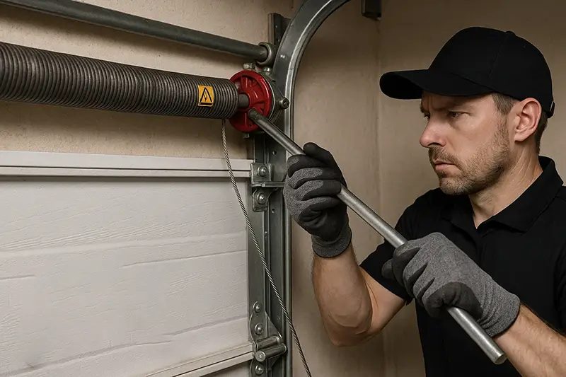 Technician safely handling high-tension garage door cable with professional tools