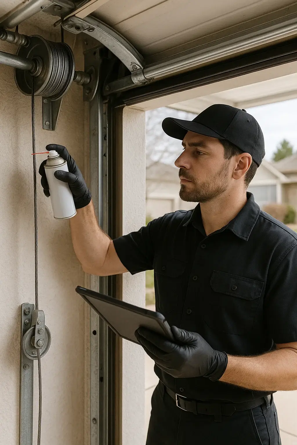 Technician performing garage door cable maintenance with lubrication and alignment check