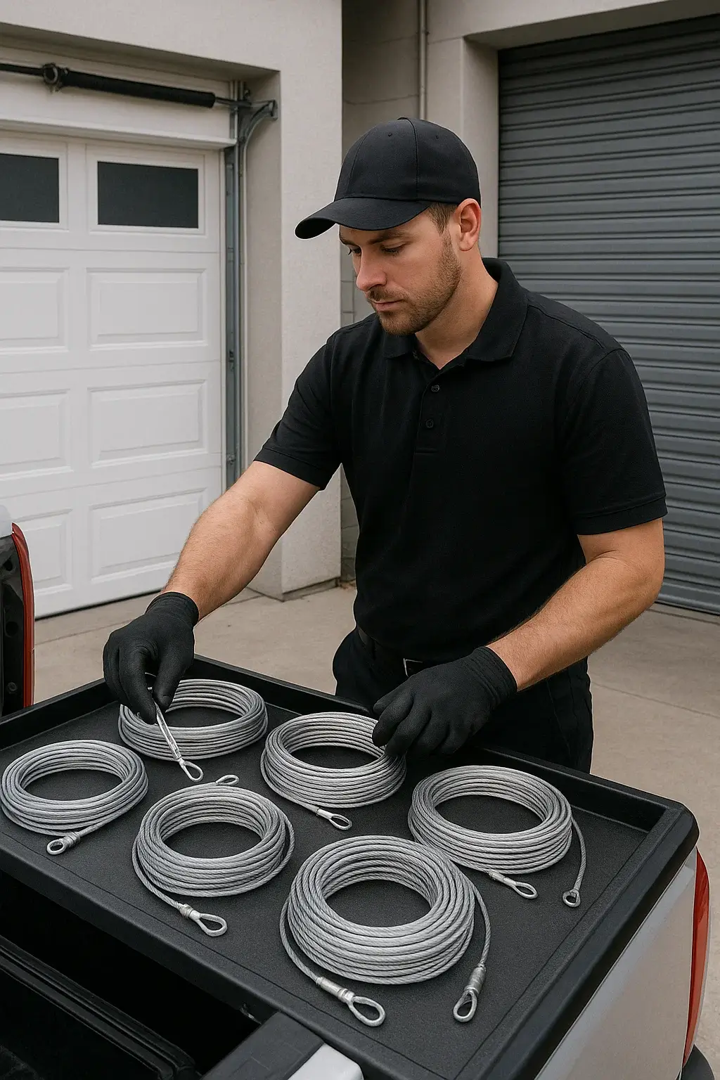 Technician selecting garage door cable from assorted types to match different door systems