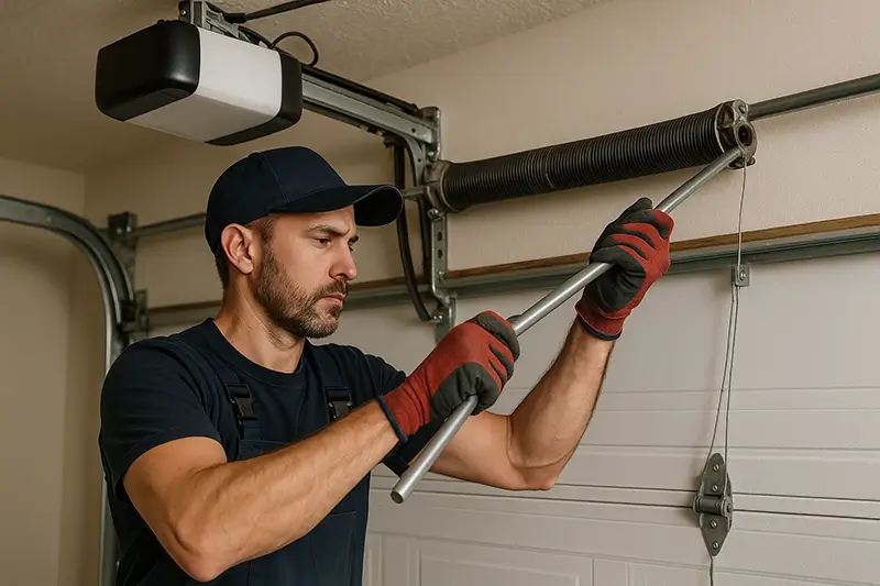Technician using torsion tools to safely replace garage door cable in Boulder garage