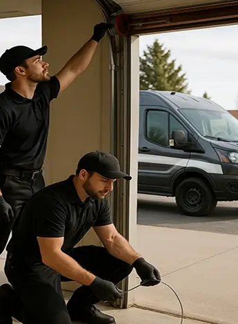 Two technicians replacing garage door cable with service van in Boulder neighborhood