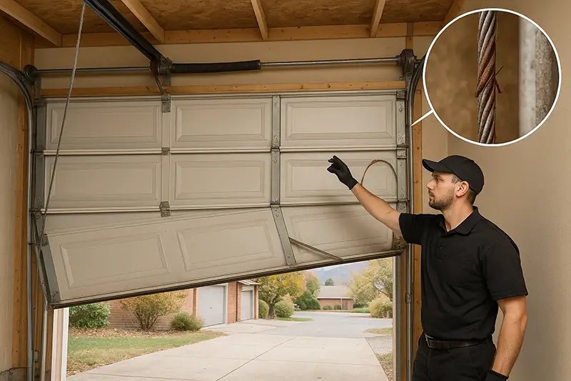  Uneven garage door movement with visible fraying cable and pulley misalignment