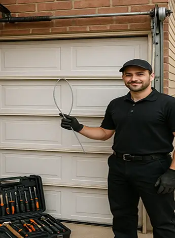 Trusted technician showcasing newly replaced garage door cable in Boulder