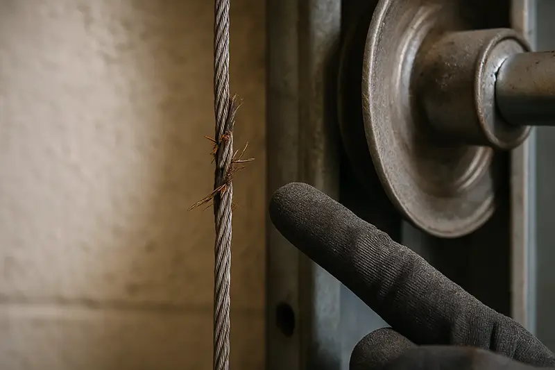 Frayed garage door cable with signs of rust and tension damage on pulley system