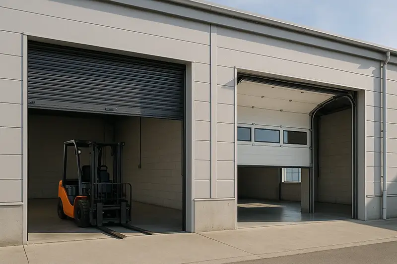  Realistic side-by-side comparison of a rolling steel door and a sectional garage door installed at a commercial property in Boulder CO, demonstrating different operational styles