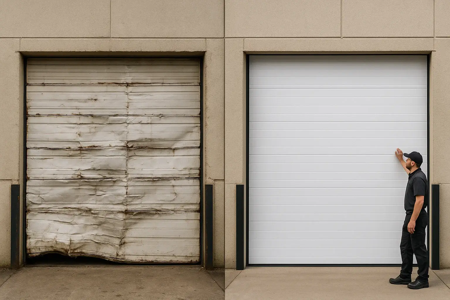 Side-by-side comparison showing an old damaged commercial garage door before and a new sectional steel garage door after professional replacement in Boulder