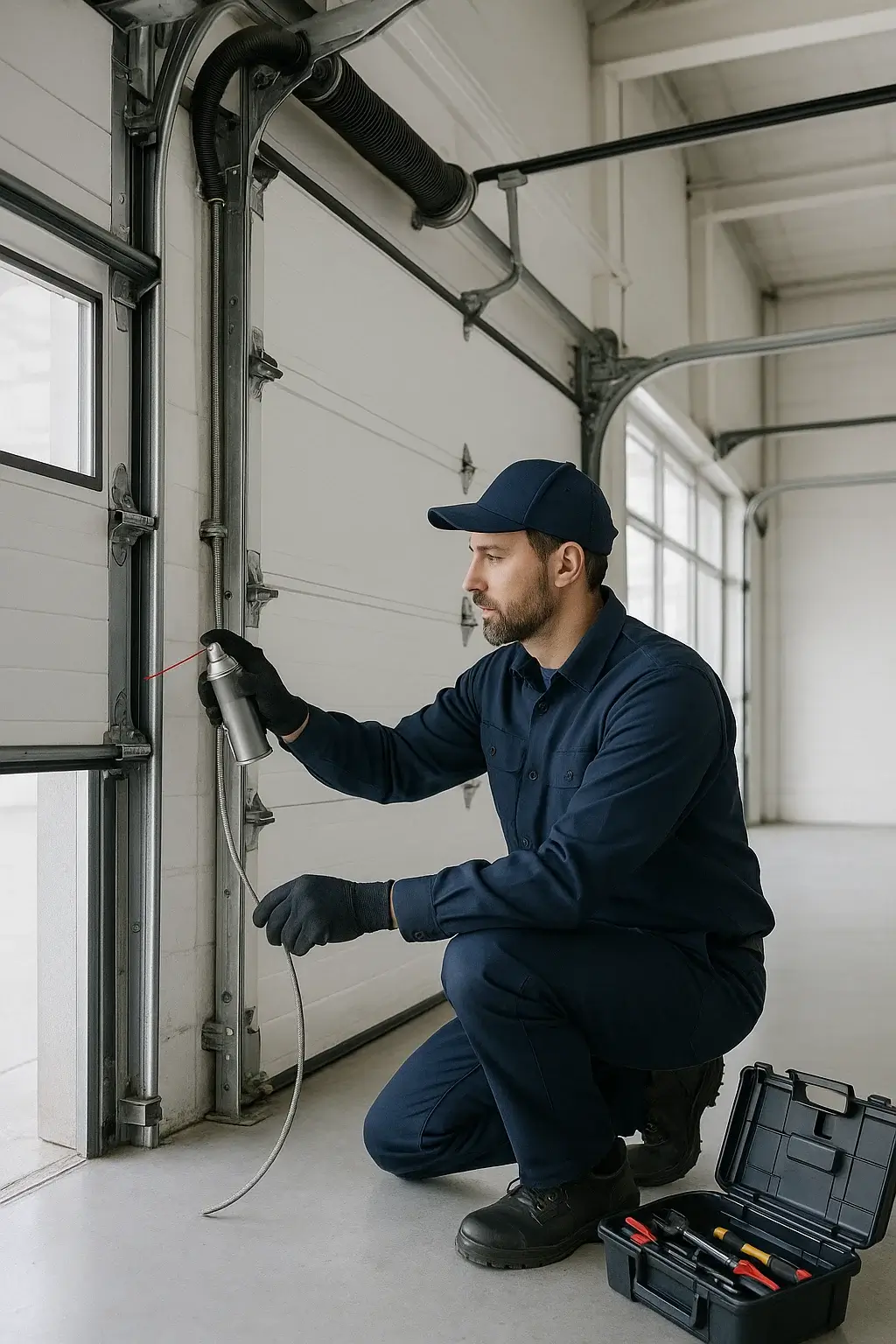  Technician lubricating rollers and inspecting cables on a commercial garage door system during routine maintenance in a Boulder business facility