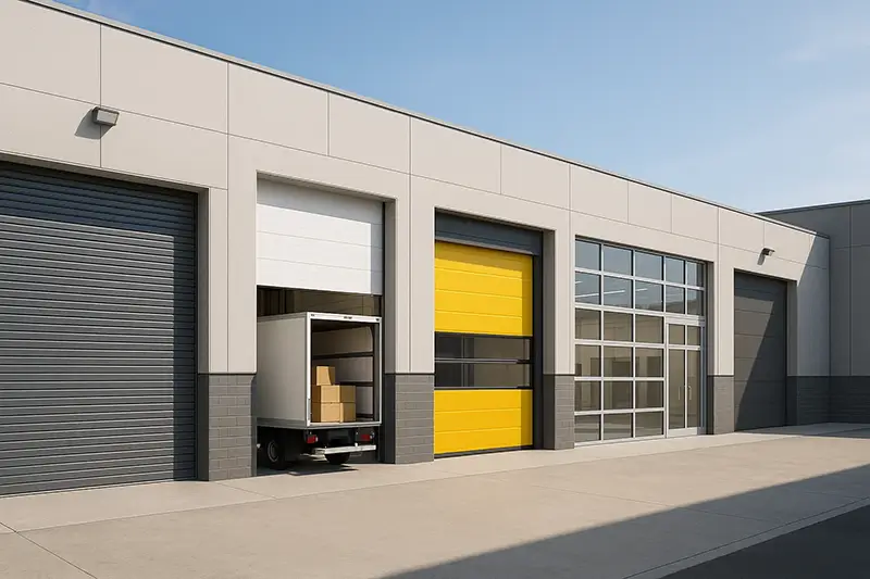 Realistic view of various commercial garage doors including rolling steel, sectional, high-speed, aluminum glass, and fire-rated doors at different business properties in Boulder CO