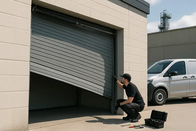 Technician inspecting a leaning roll-up commercial garage door with visible spring and cable issues at a Boulder CO business location