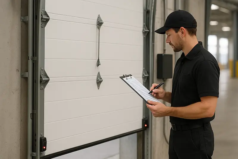 Technician inspecting safety systems like photo eye sensors and emergency release on a commercial garage door at a Boulder business location