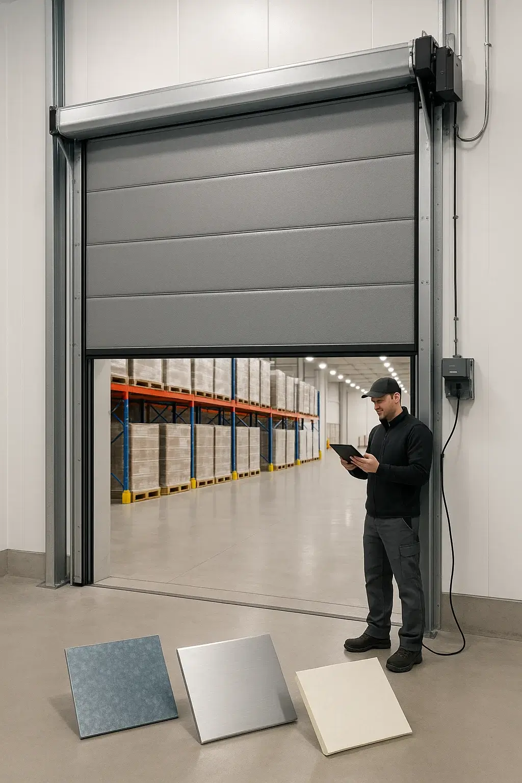Technician adjusting a custom high-speed commercial garage door with modern access control integration at a Boulder warehouse facility