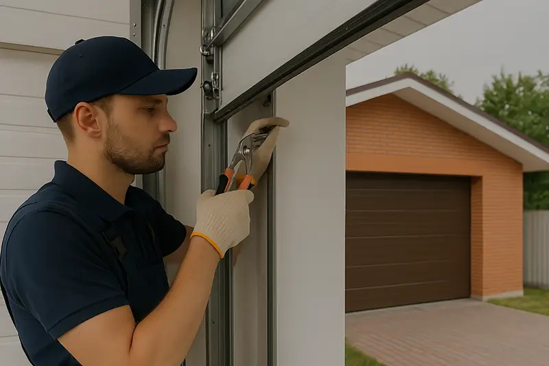 Garage door technician in navy uniform adjusting a metal track with pliers