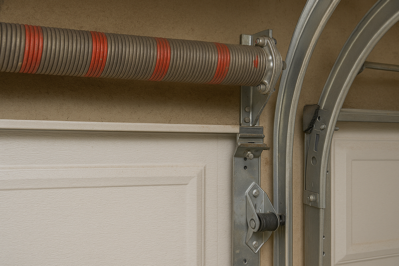  Close-up of garage door torsion spring, track, and roller system with realistic textures