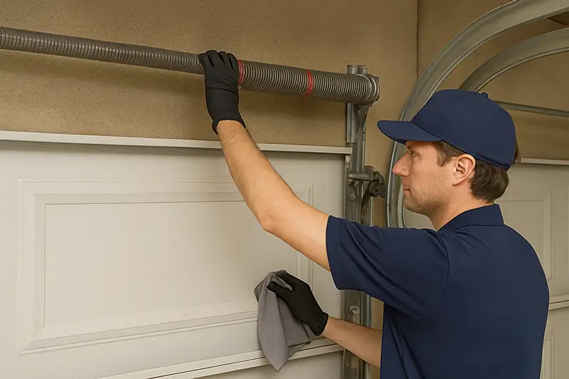 Technician inspecting a garage door torsion spring during routine maintenance