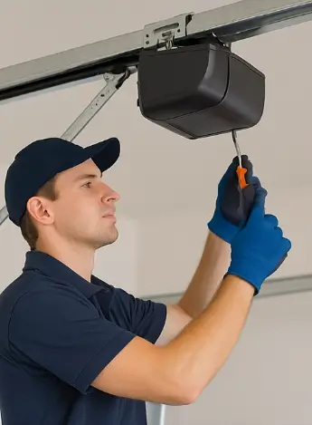 Garage door technician using screwdriver to repair an automatic door opener
