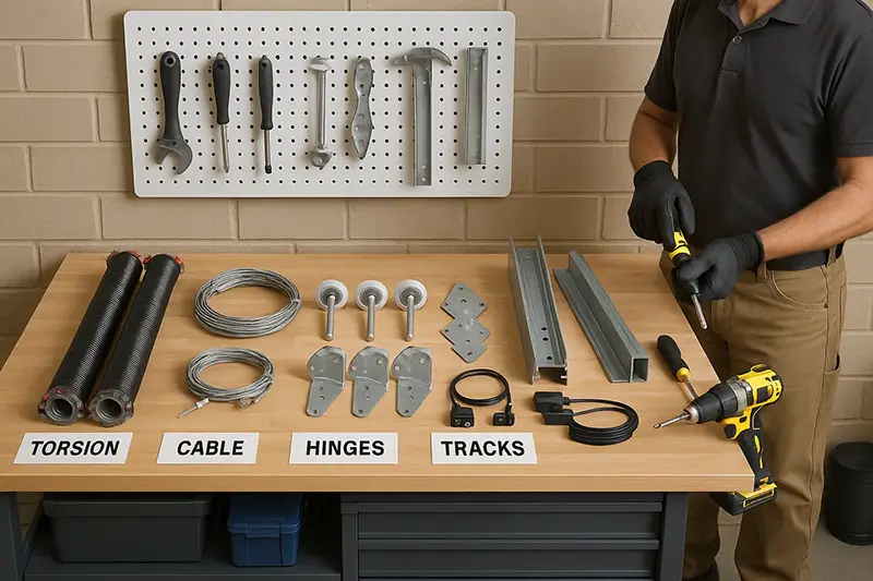 Assorted garage door parts like springs, cables, rollers, and sensors laid out on a workbench for replacement