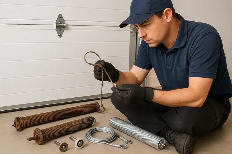 Technician inspecting damaged garage door parts including springs, cables, and rollers before replacing them