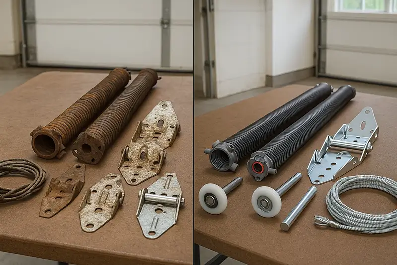 Comparison of worn-out garage door parts next to premium replacements including springs, rollers, and brackets