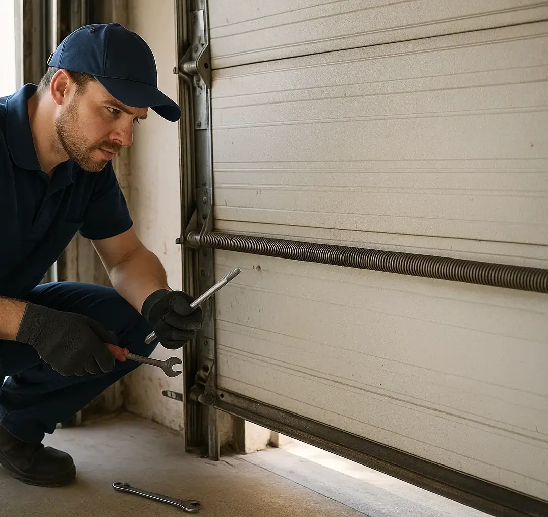  Technician inspecting a broken garage door with tools and parts ready, next to a service van in Boulder CO