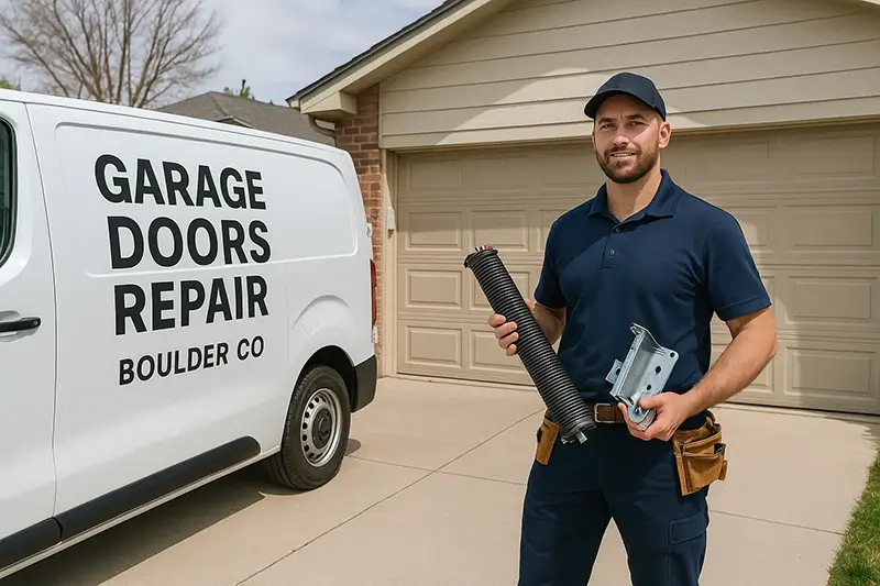Technician with high-quality garage door parts beside a branded van, inspecting a residential garage door in Boulder CO