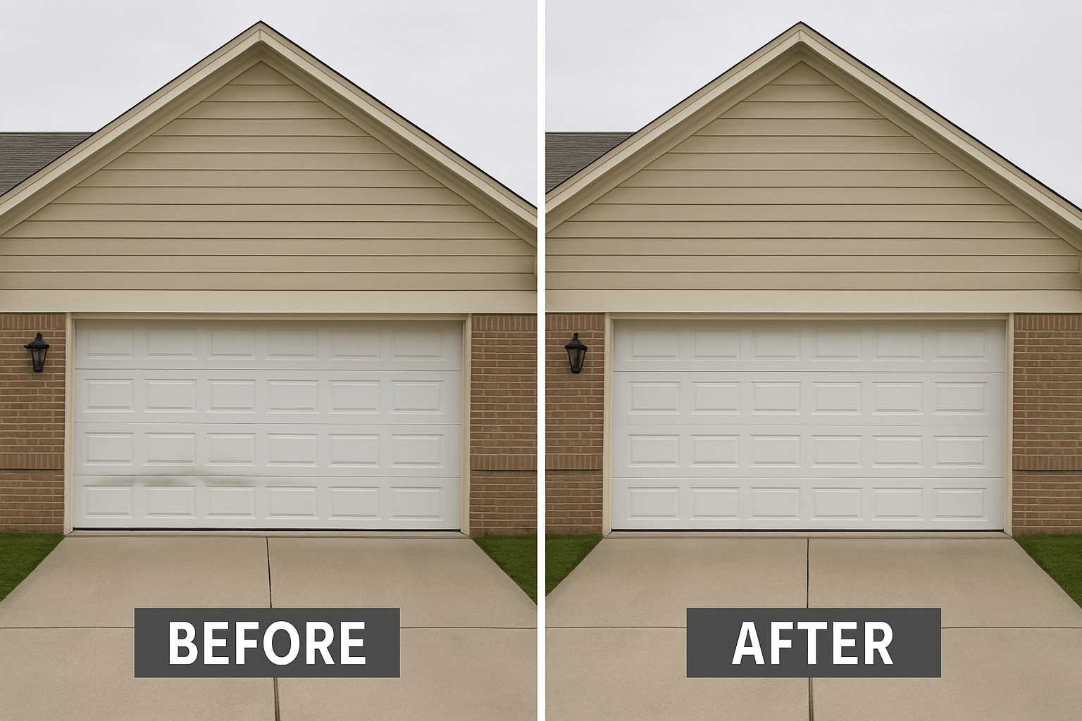 Before and after comparison of a residential garage door repair showing a damaged door and a fully restored one