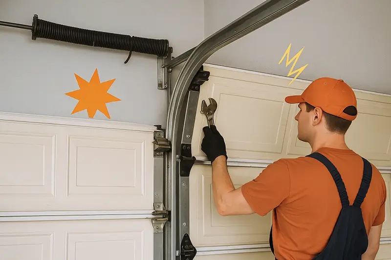 Technician repairing a garage door with broken spring and noisy hinge