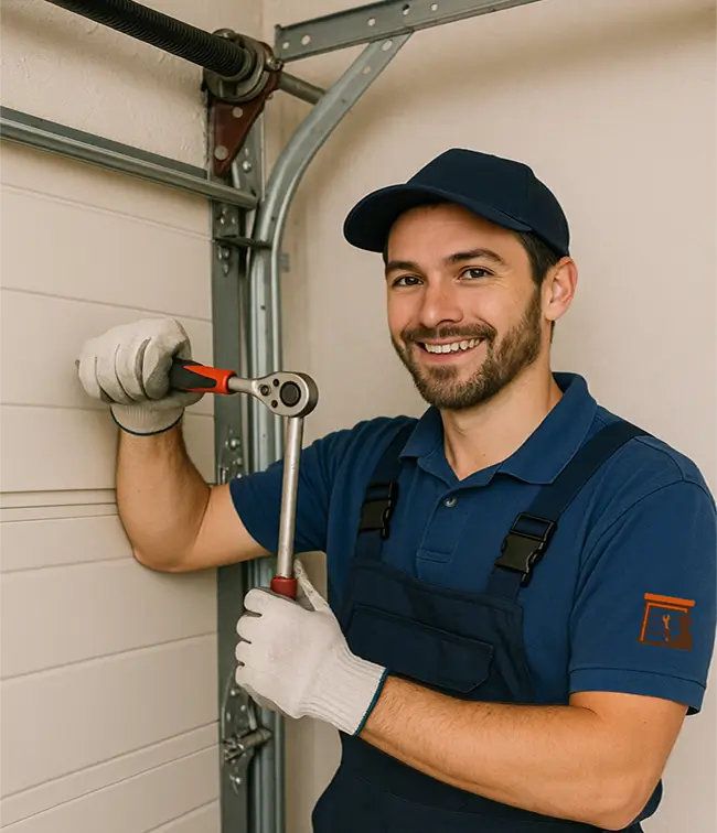 Garage door technician in blue uniform smiling and using a ratchet wrench to adjust the garage door mechanism