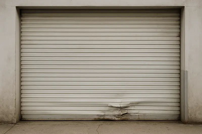 Crushed and dented white roll-up garage door with large inward bends, suggesting severe structural failure.