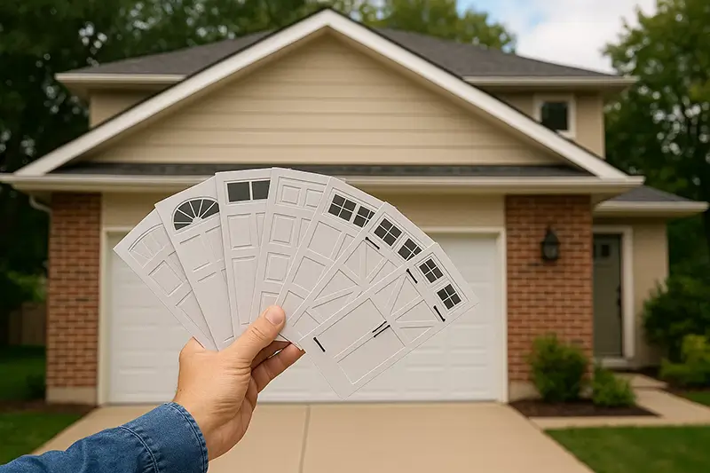  Modern brown carriage-style garage door with windows on a beige house exterior, showcasing a stylish and well-matched home design.