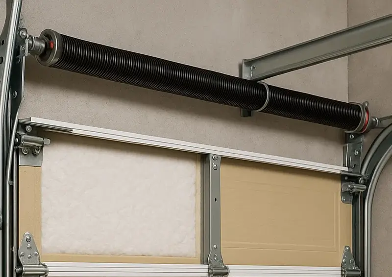 Close-up of insulated sectional garage door with torsion spring system