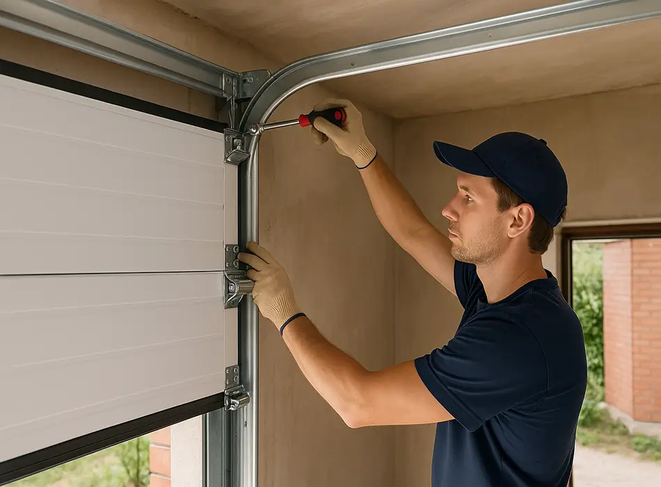 Technician using screwdriver to adjust garage door horizontal track bracket