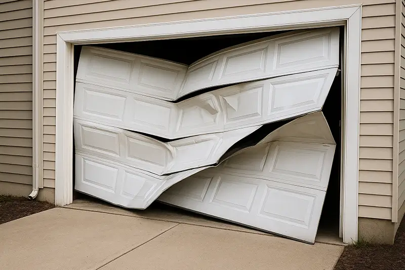 Severely bent and broken white garage door collapsing inward at a residential garage entrance.