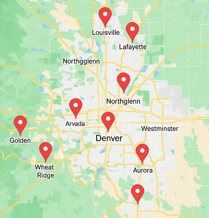 Map of Colorado with red location pins marking key cities including Denver, Aurora, Louisville, Lafayette, Broomfield, Erie, Longmont, Northglenn, Westminster, Arvada, Golden, Thornton, and Wheat Ridge.
