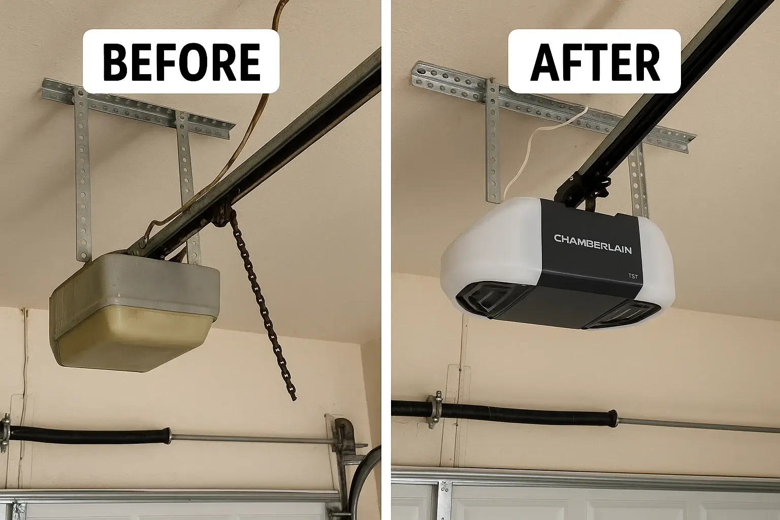 Split image showing a malfunctioning garage door opener before repair and a restored, functioning unit after service