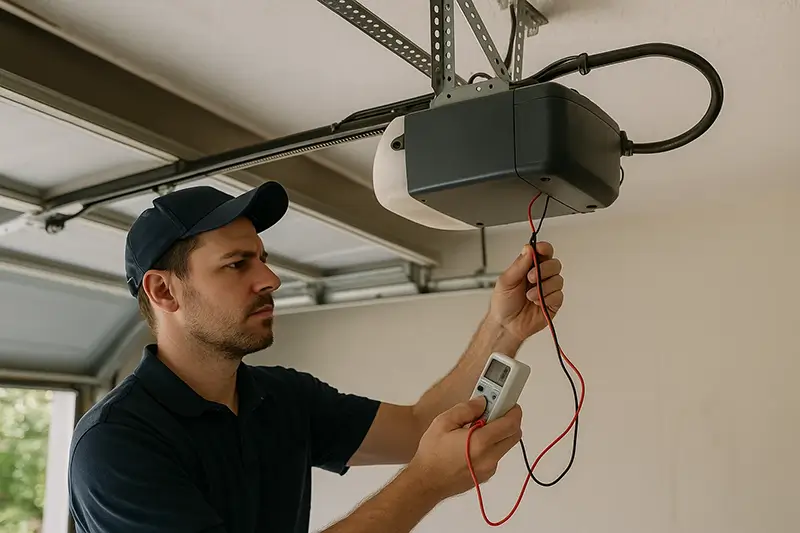 Technician troubleshooting a ceiling-mounted garage door opener in a bright residential garage