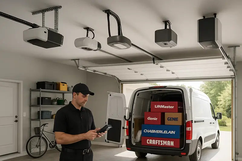  Technician servicing all major types and brands of garage door openers inside a well-lit residential garage