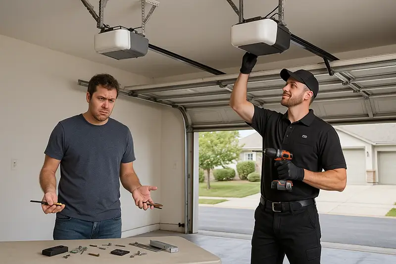  Split image showing a frustrated homeowner attempting DIY repair and a professional technician properly fixing a garage door opener