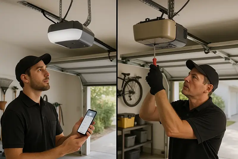 Split scene showing technician repairing an old garage door opener and another showcasing a smart opener upgrade