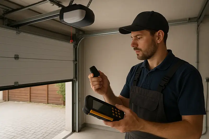 Technician testing a nonfunctional garage remote with diagnostic tools beside a partially open garage door
