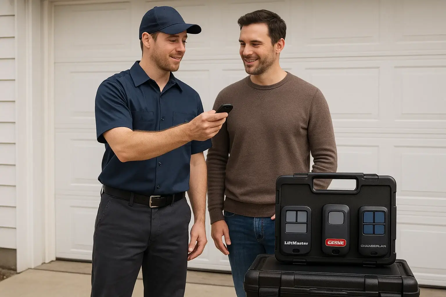  Technician assisting homeowner with garage remote repair and replacement using certified remotes in Boulder CO