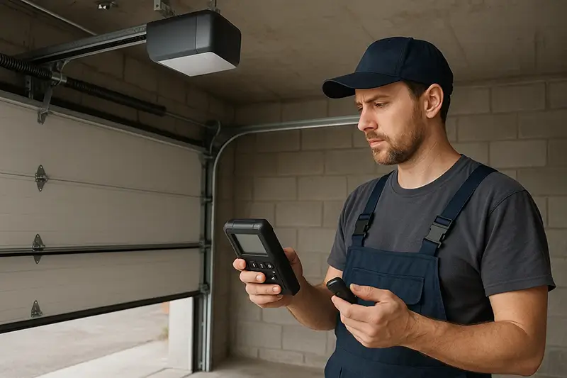 Technician examining internal components of a faulty garage remote beside diagnostic tools and opener system