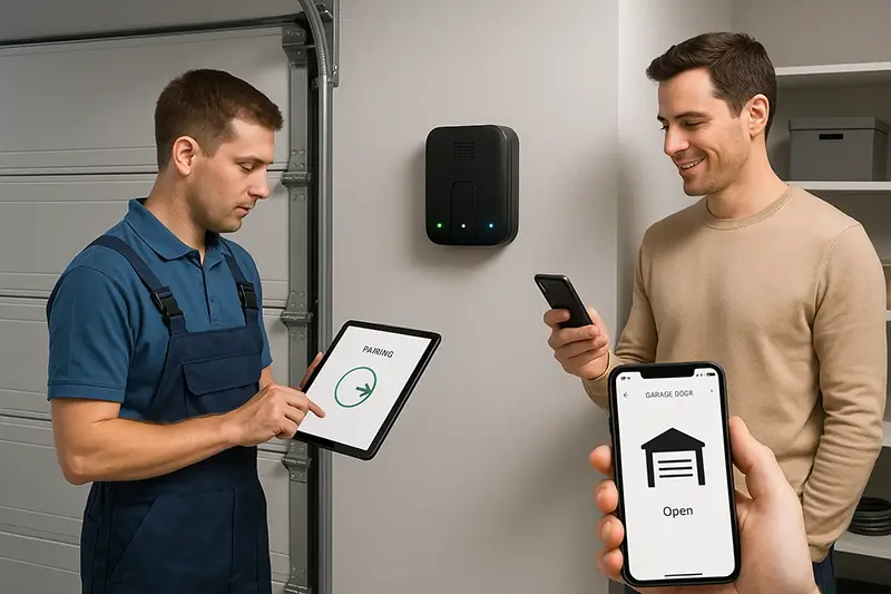  Technician syncing a smart garage door opener to a tablet while homeowner monitors status on smartphone