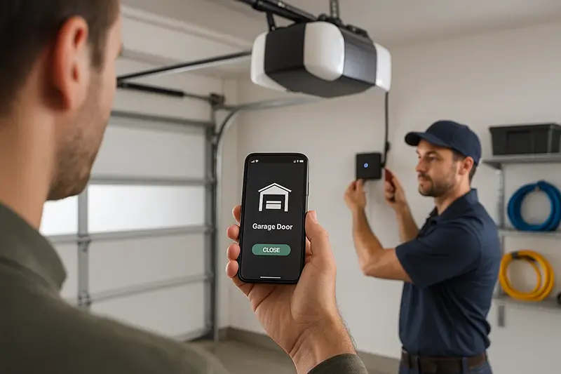 Homeowner using a smartphone to operate a garage door as technician installs a smart remote system