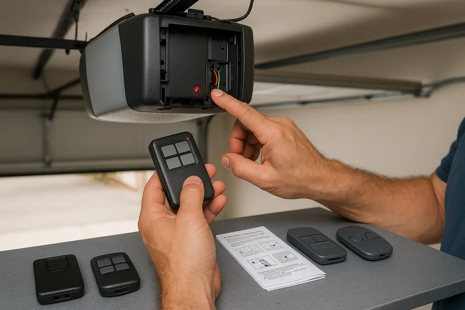 Technician pairing a universal garage remote with various remotes and manuals visible during setup