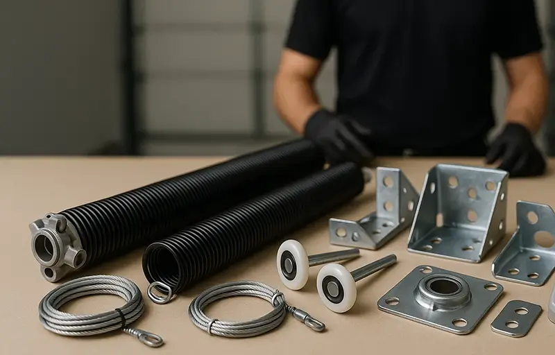 High-quality garage door parts including springs, cables, rollers, and opener keypad in Boulder CO