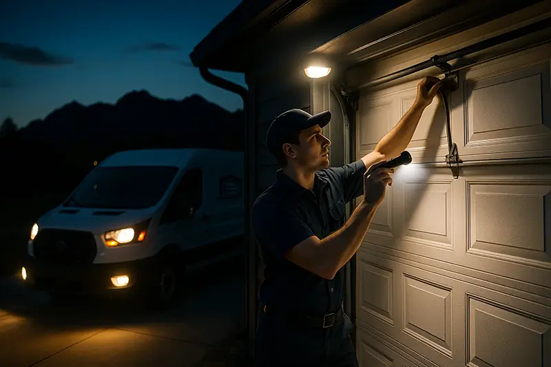 Technician performing emergency garage door repair at night in Boulder CO driveway