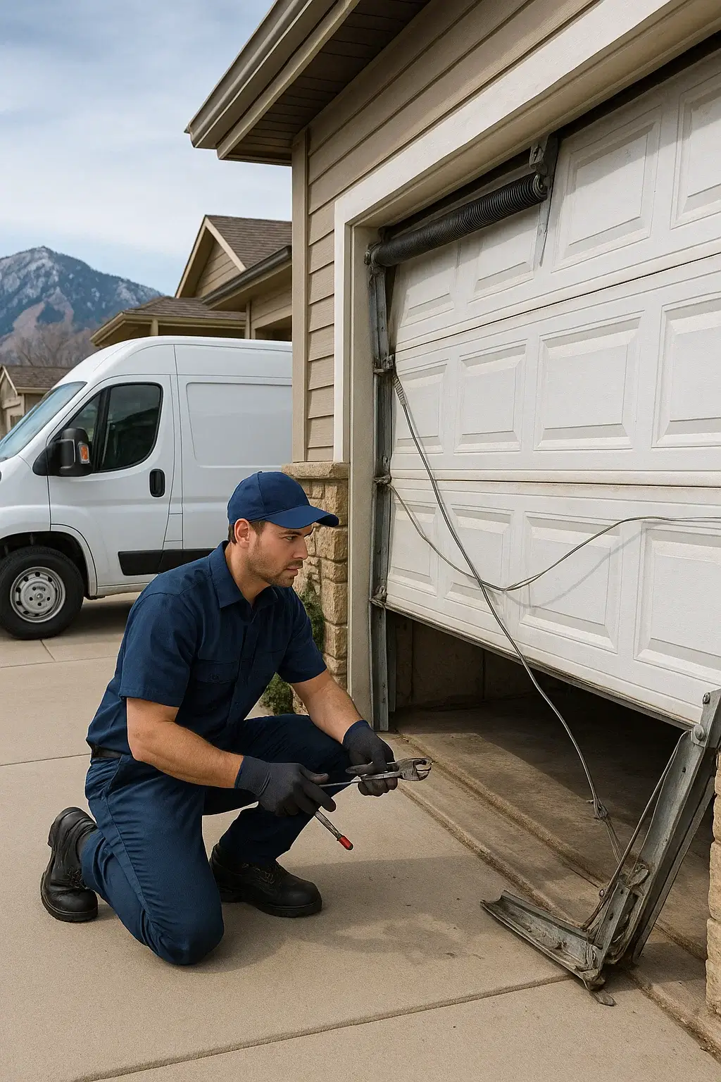 Technician fixing broken spring and checking noisy rollers on roll-up garage door in Boulder CO