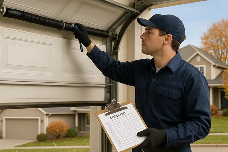 Technician performing seasonal garage door maintenance and spring adjustment in Boulder CO